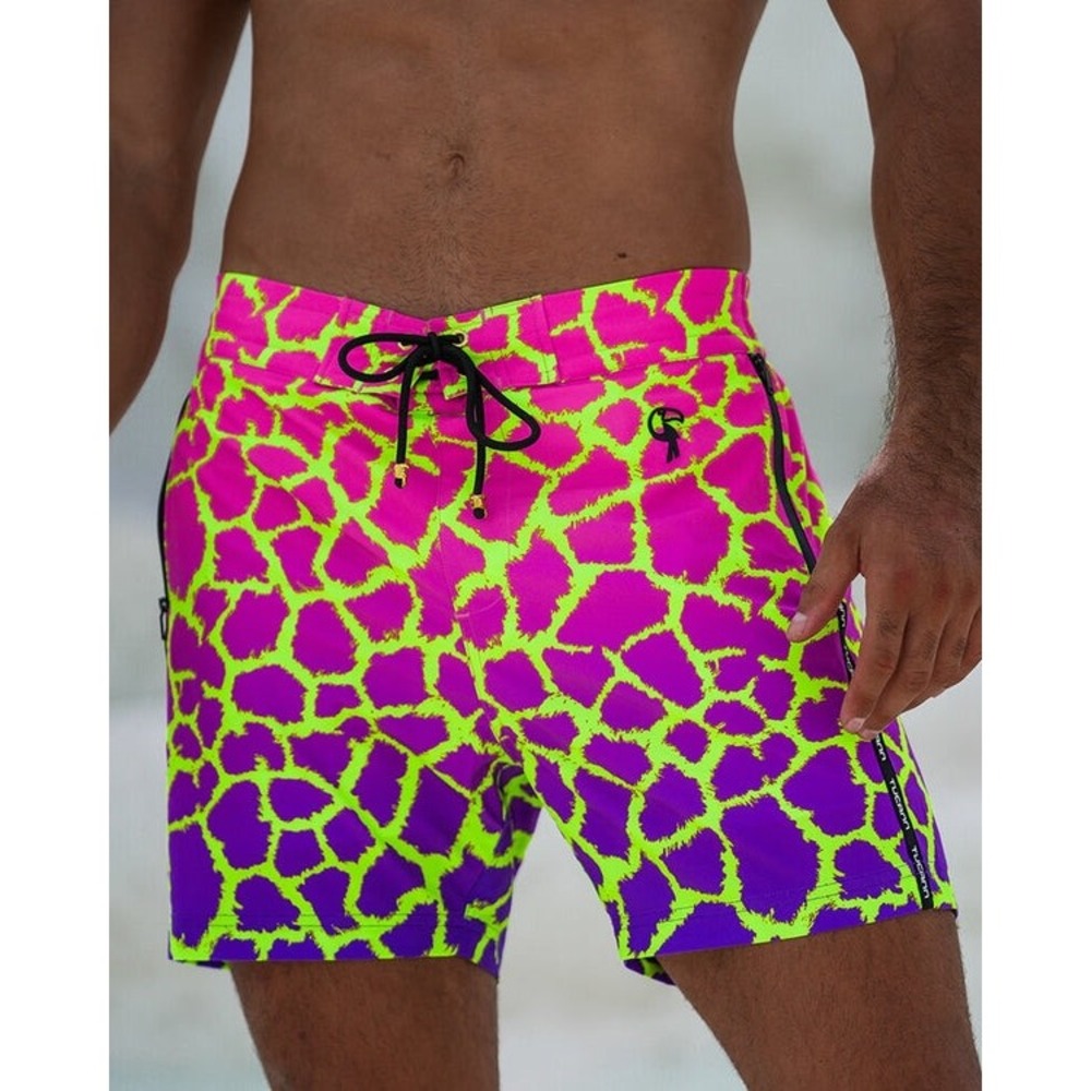 NEW Tucann Faded Mirage Pulse Swim Trunks Men Pink Purple Neon Giraffe 5" Inseam